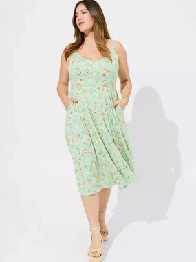 Torrid Midi Super Soft Button-Front Skater Dress Size 5X Green Multi Sleeveless